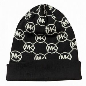 Michael‎ Kors MK Logo Beanie Hat Black White Knit Winter Warm
